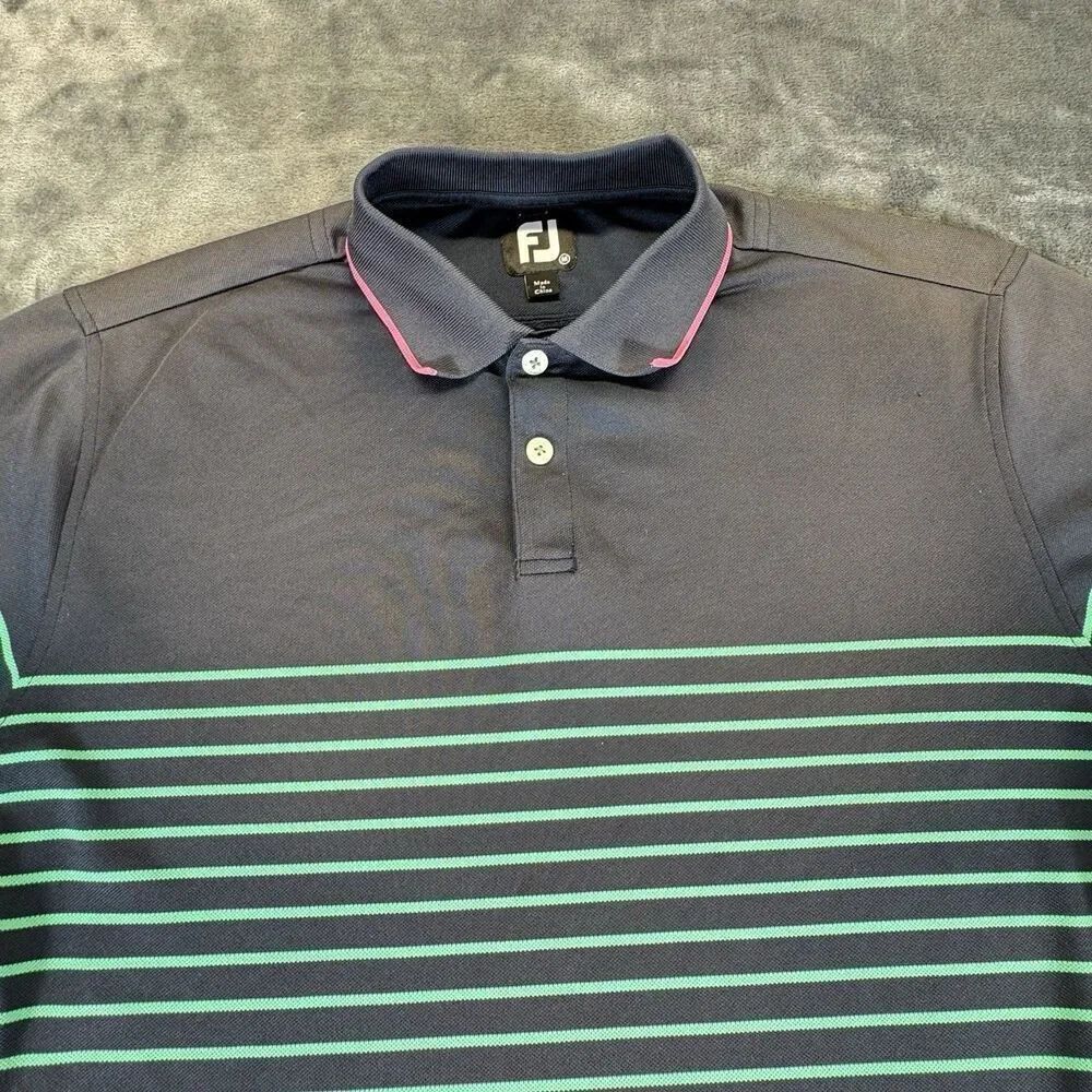 FootJoy Sz L Breton Stripe Stretch Pique Golf Polo Shirt Navy Sea Green FJ